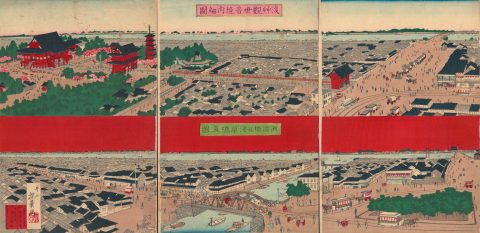 1877 Inoue Ukiyo-e View of Asakusa and Ryogoku, Tokyo, w/ Sensō-ji