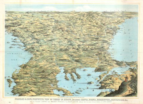 1876 Concanen Bird's-Eye View of the Balkans for 'The Eastern Question'