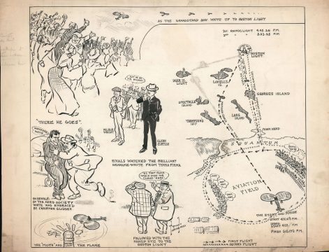 1910 Manuscript Political Cartoon Celebrating the Harvard Boston Aero Meet