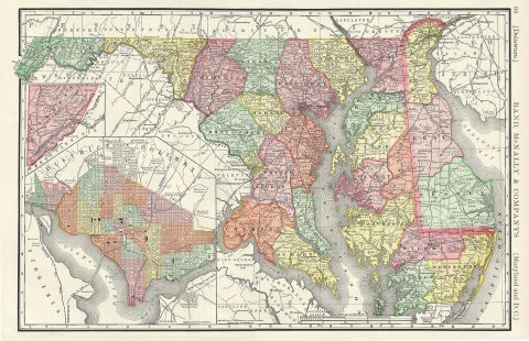 1888 Rand McNally Map of Delaware, Maryland and Washington D.C.