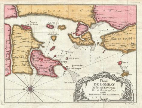 1750 Bellin Map or Plan of Bombay (Mumbai), India