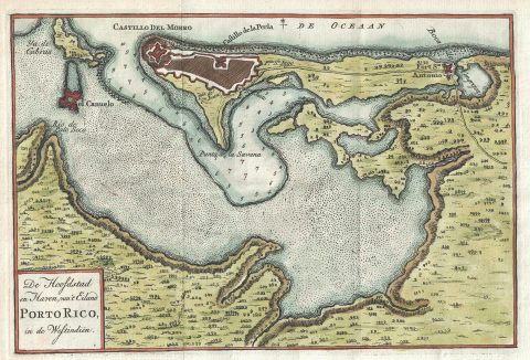 1765 Isaak Tirion Map of San Juan Harbor, Puerto Rico