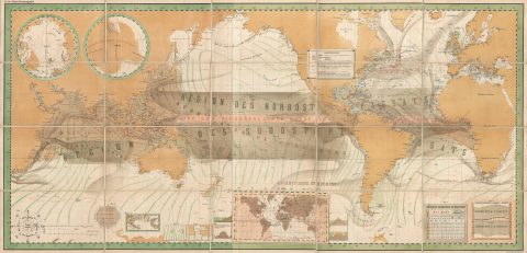 1880 Jilek Map of the World showing Ocean Currents and Winds